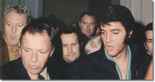 Frank Sinatra, Elvis Presley with Joe Esposito and Vernon Presley in background